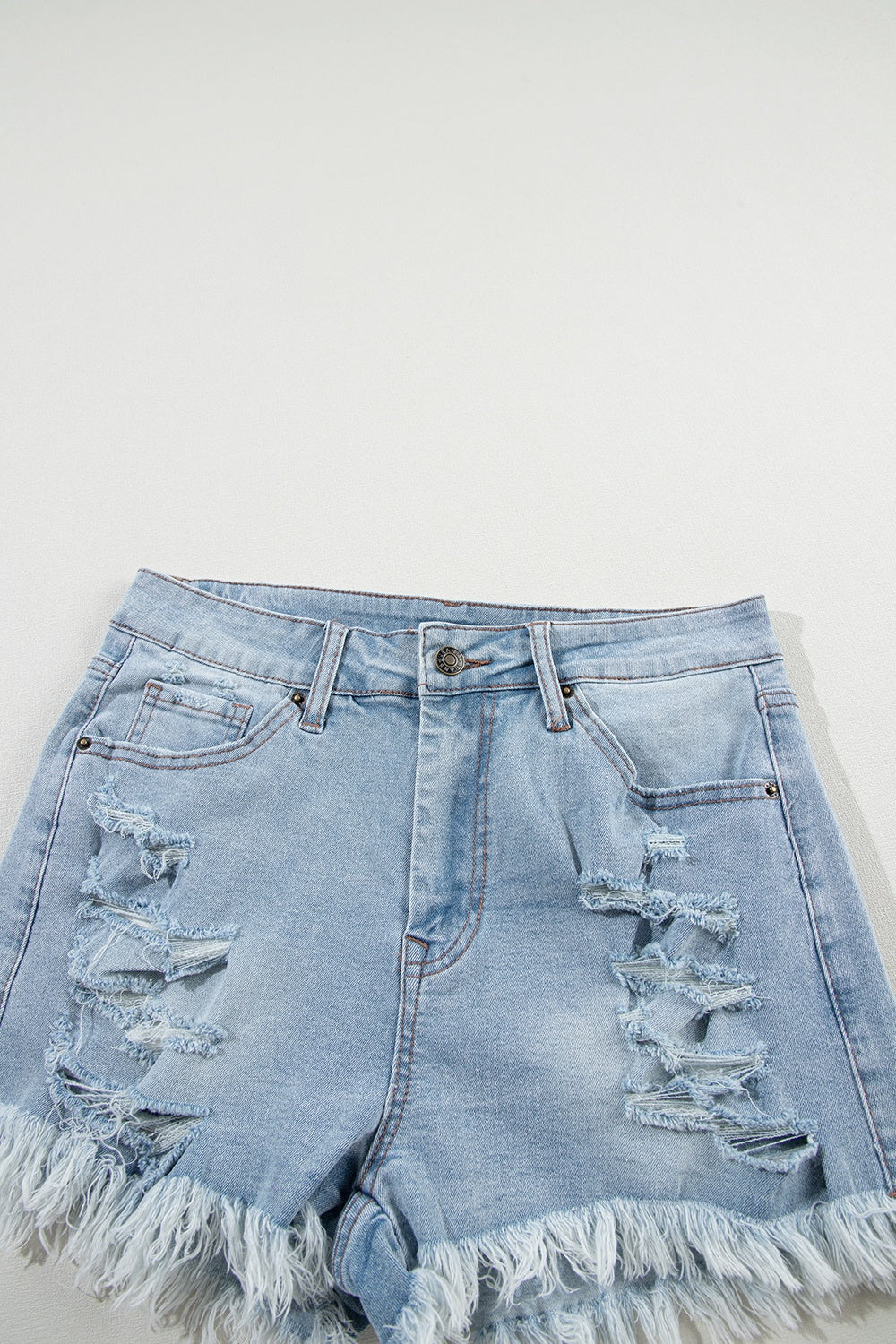 Distressed Raw Hem Denim Shorts-BOTTOMS SIZES SMALL MEDIUM LARGE-[Adult]-[Female]-2022 Online Blue Zone Planet