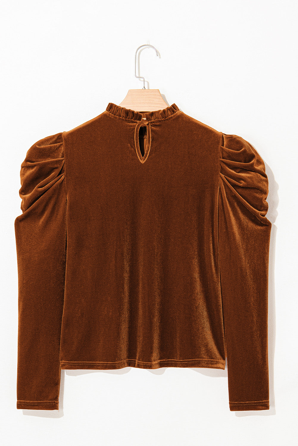 Chestnut Frilled Collar Puff Sleeve Velvet Top-Tops/Long Sleeve Tops-[Adult]-[Female]-2022 Online Blue Zone Planet