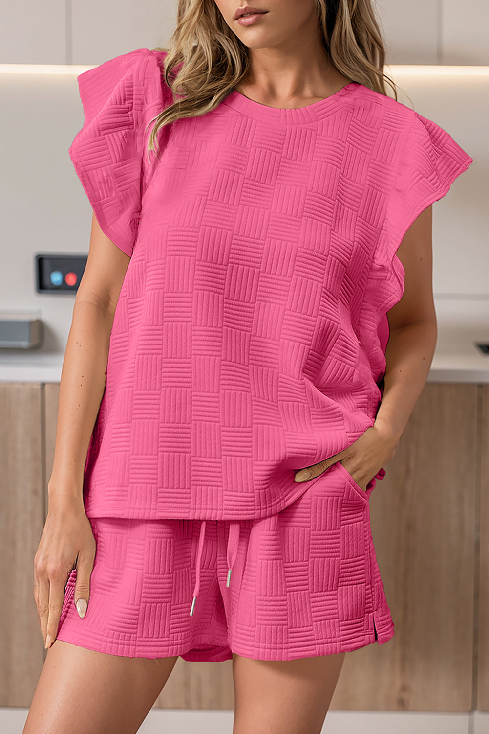 Bonbon Textured Ruffled Sleeve Tee and Drawstring Elastic Waistband Shorts Set-Two Piece Sets/Short Sets-[Adult]-[Female]-Bonbon-S-2022 Online Blue Zone Planet