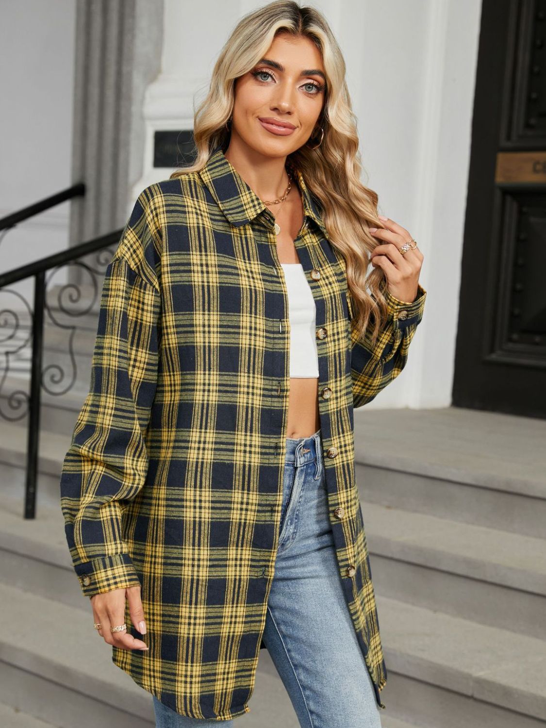 Plaid Collared Neck Long Sleeve Shirt-TOPS / DRESSES-[Adult]-[Female]-2022 Online Blue Zone Planet