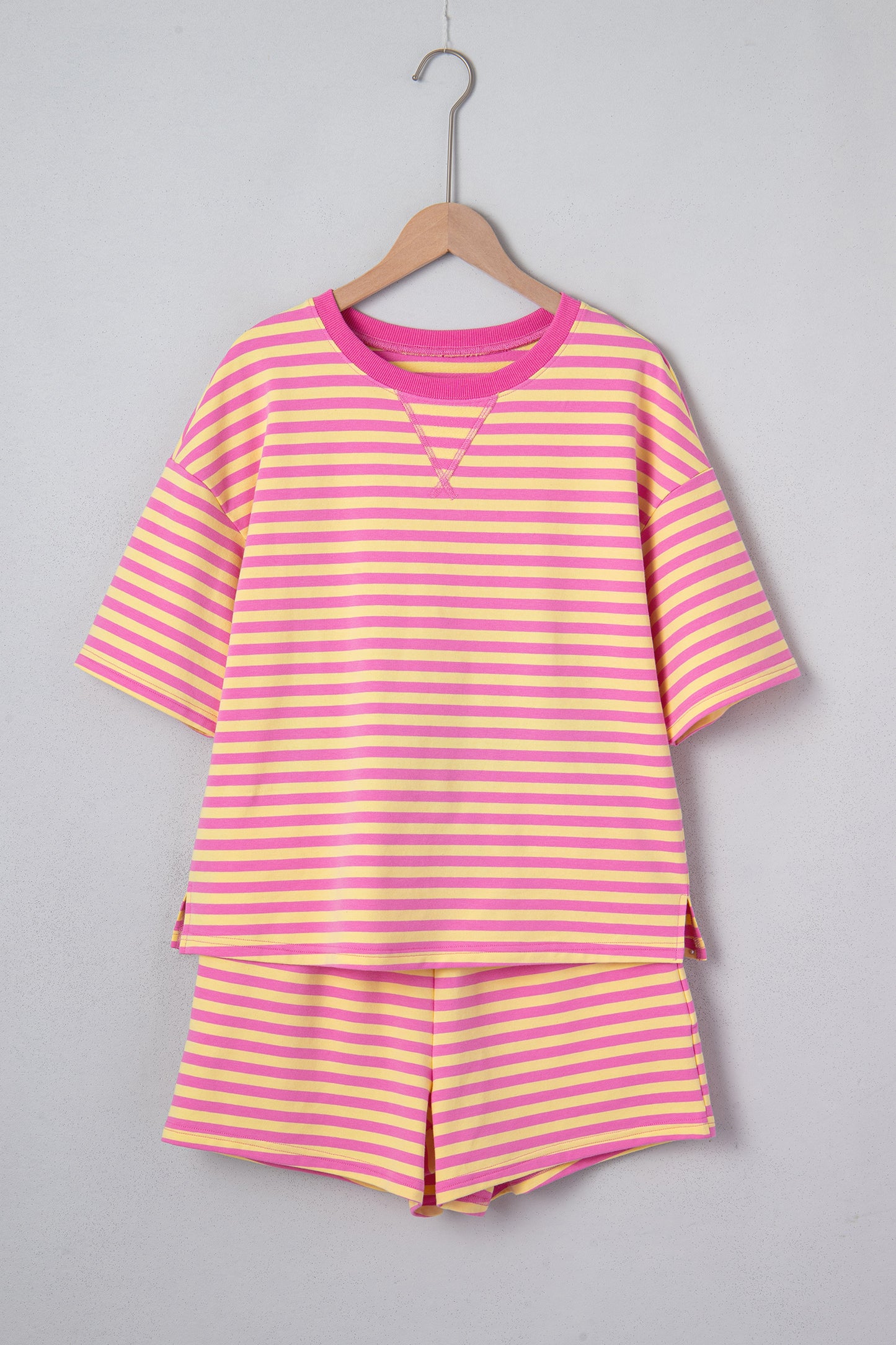 Green Stripe Drop Shoulder Boxy Casual Terry Short Set-Two Piece Sets/Short Sets-[Adult]-[Female]-2022 Online Blue Zone Planet