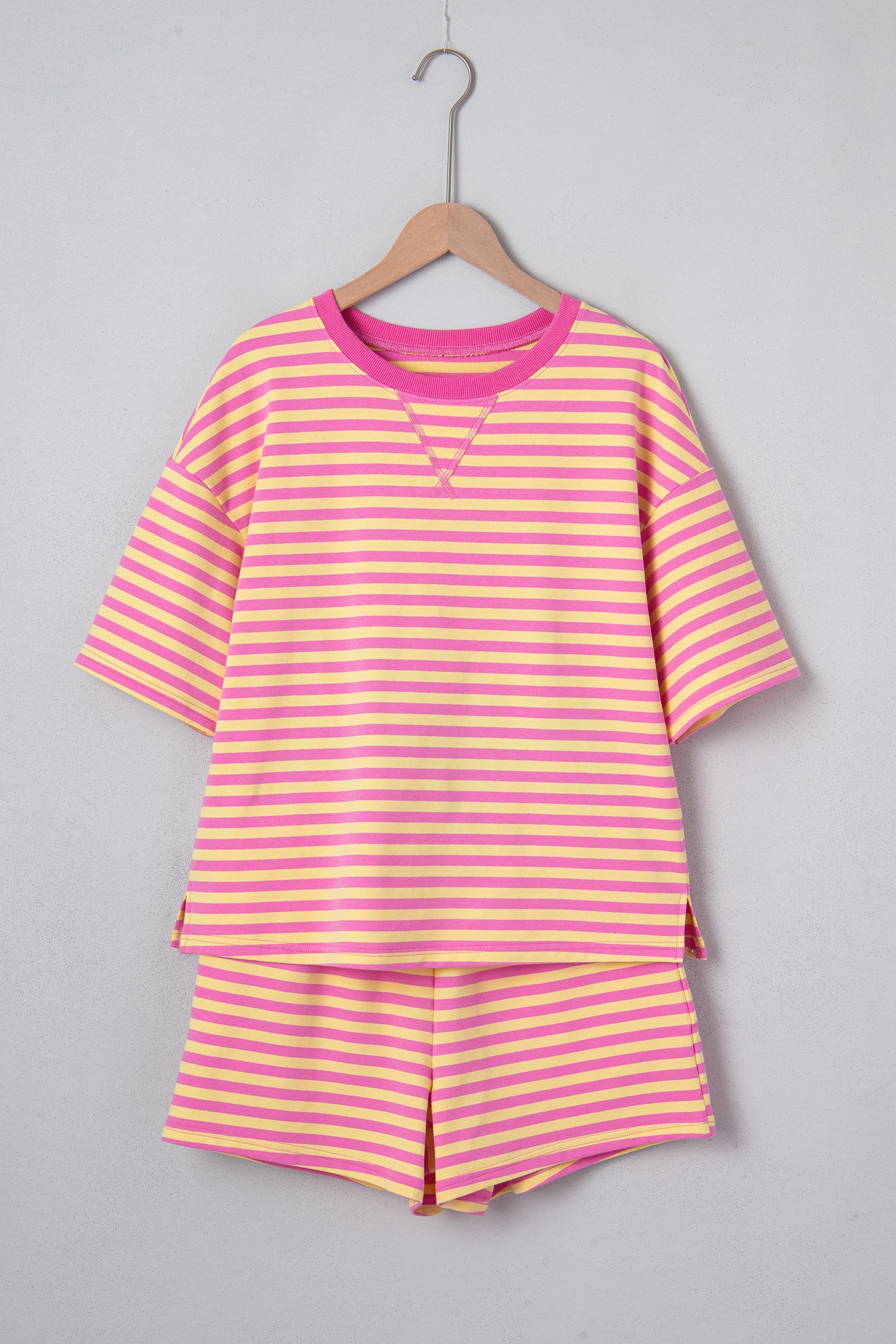 Green Stripe Drop Shoulder Boxy Casual Terry Short Set-Two Piece Sets/Short Sets-[Adult]-[Female]-2022 Online Blue Zone Planet