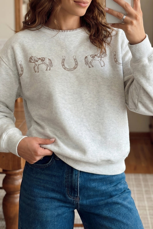 Light Grey Western Print Embroidered Casual Sweatshirt-Tops/Sweatshirts & Hoodies-[Adult]-[Female]-Light Grey-S-2022 Online Blue Zone Planet