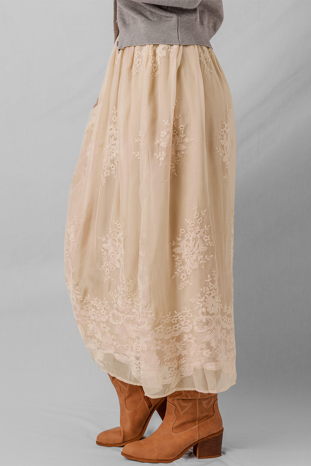 Oatmeal Embroidered Mesh Overlay Flowy Long Skirt-Bottoms/Skirts & Petticoat-[Adult]-[Female]-2022 Online Blue Zone Planet