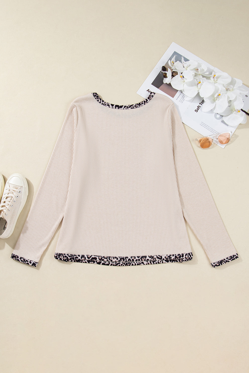 Parchment Ribbed Contrast Leopard Edge Round Neck Plus Knit Top-Plus Size/Plus Size Tops/Plus Size Long Sleeve Tops-[Adult]-[Female]-2022 Online Blue Zone Planet