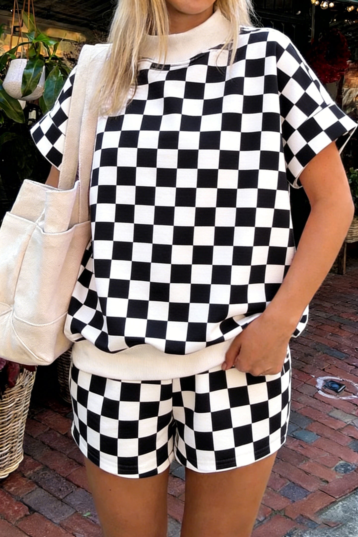 Pink Checkered Print Color Block Trim Mock Neck Short Set-Two Piece Sets/Short Sets-[Adult]-[Female]-Black-S-2022 Online Blue Zone Planet