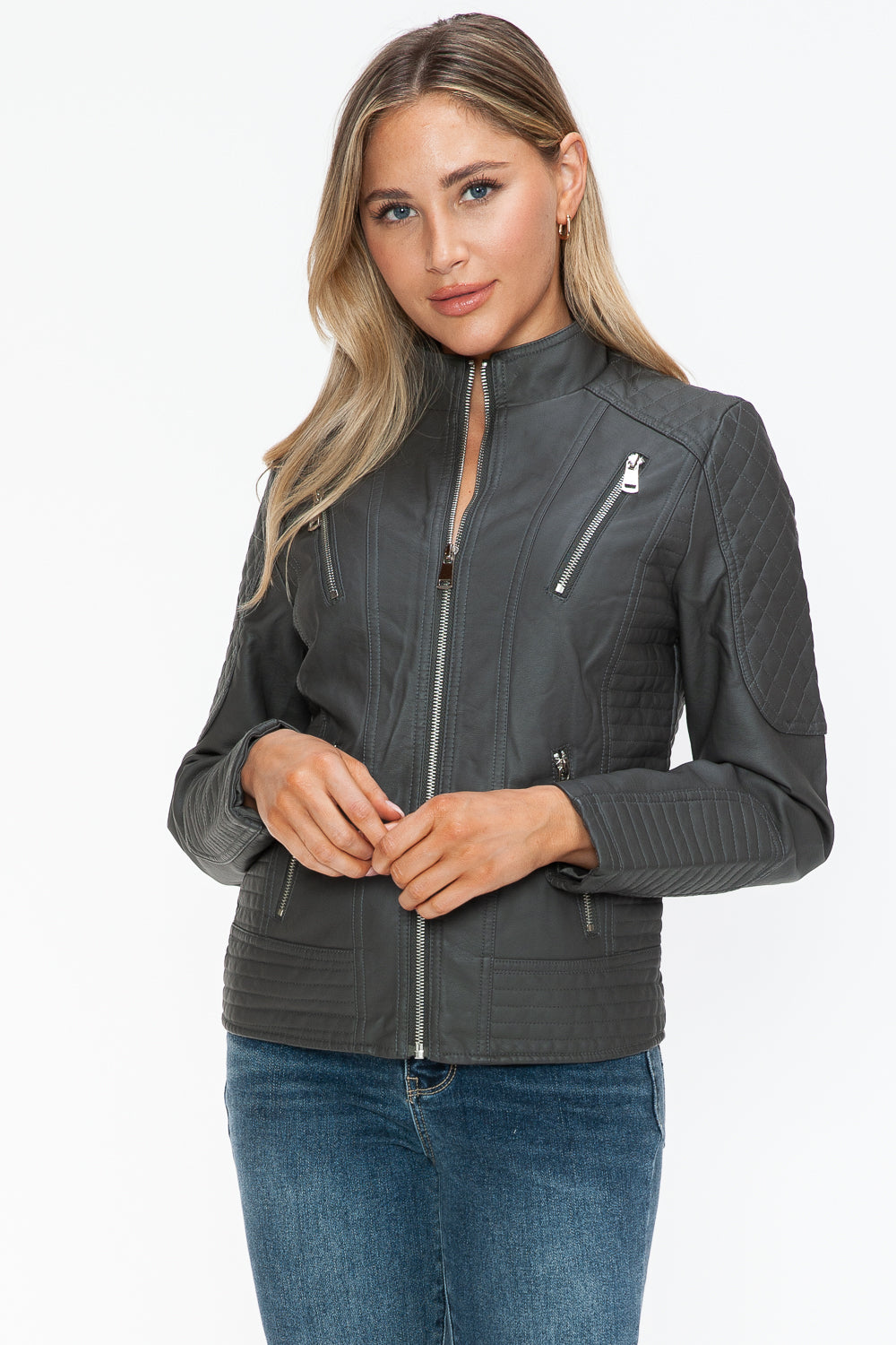 Blue Zone Planet | Snobbish Faux Leather Zip Up Mock Neck Jacket-TOPS / DRESSES-[Adult]-[Female]-2022 Online Blue Zone Planet