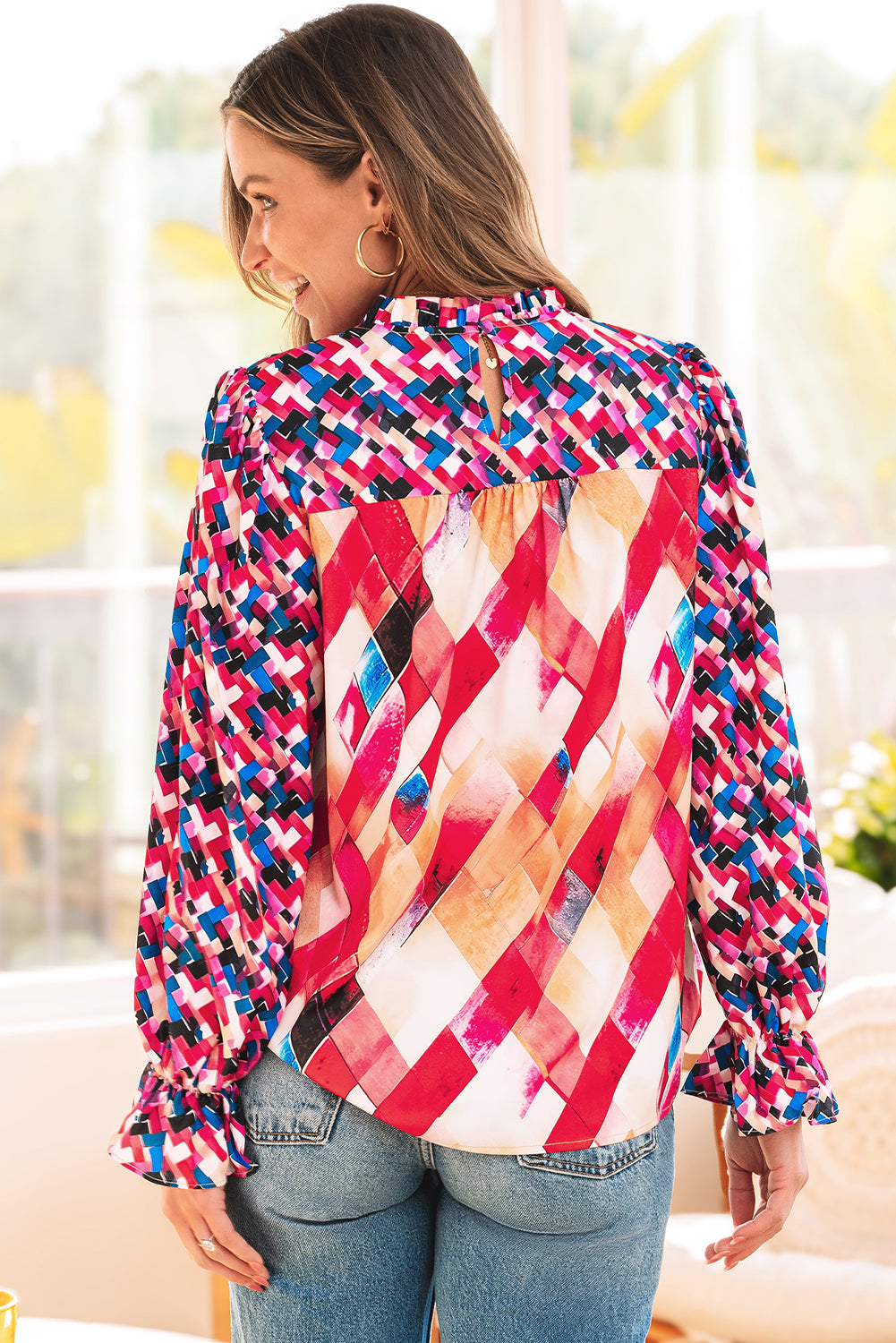 Rose Red Abstract Geometric Pattern Patchwork Puff Sleeve Blouse-Tops/Blouses & Shirts-[Adult]-[Female]-2022 Online Blue Zone Planet