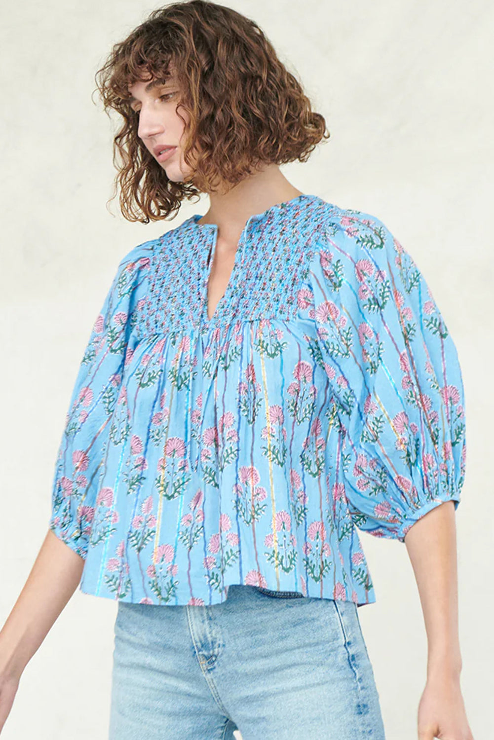 Sky Blue Floral Striped Print Tie Shirred Splie Neck Blouse-Tops/Blouses & Shirts-[Adult]-[Female]-2022 Online Blue Zone Planet