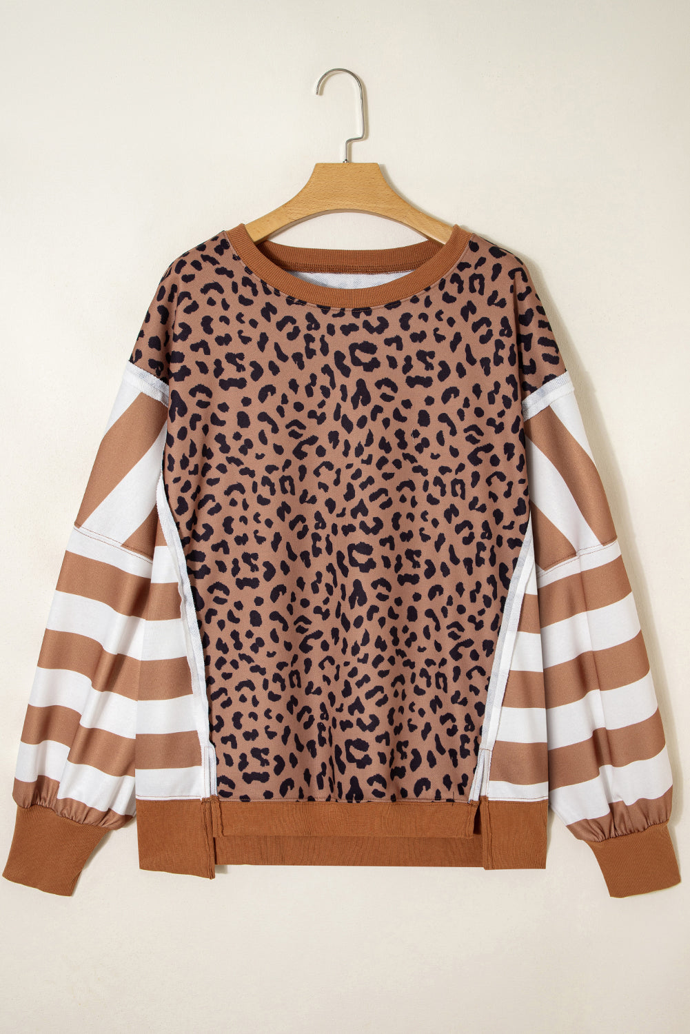 Khaki Leopard Striped Patchwork Plus Size Loose Sweatshirt-Plus Size/Plus Size Sweatshirts & Hoodies-[Adult]-[Female]-2022 Online Blue Zone Planet