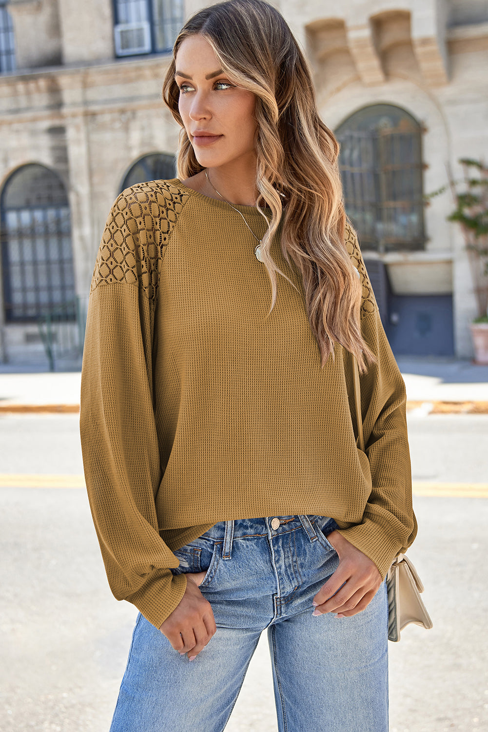 Chestnut Lace Long Sleeve Textured Pullover-Tops/Long Sleeve Tops-[Adult]-[Female]-2022 Online Blue Zone Planet