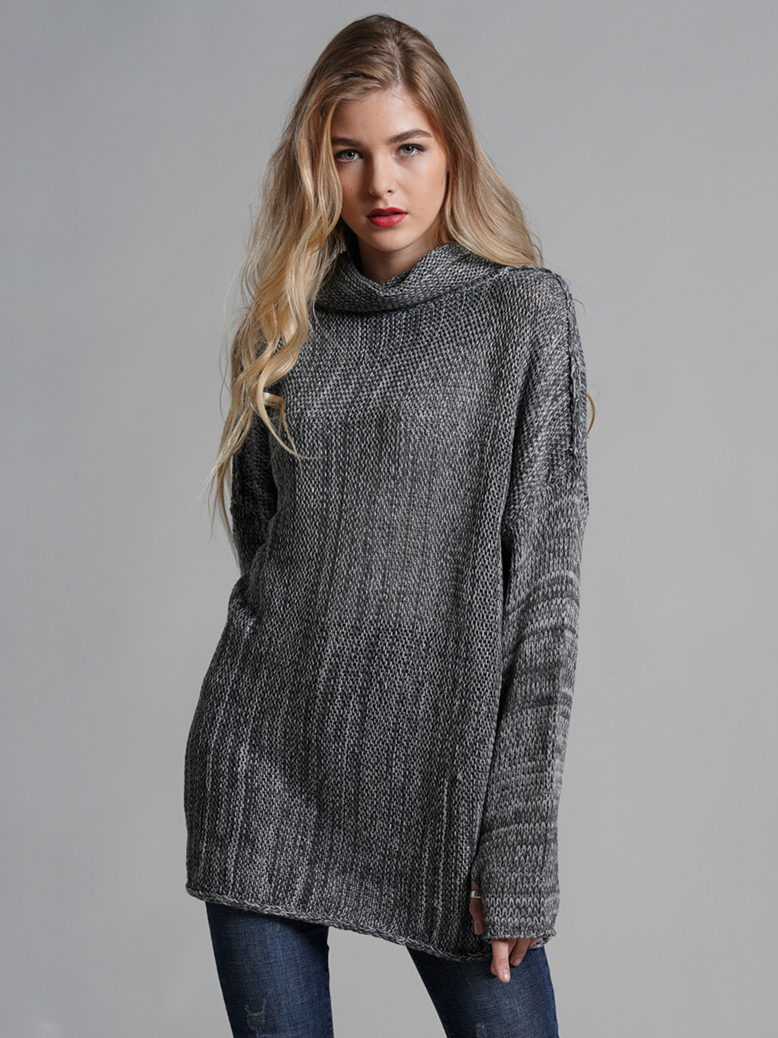 Turtleneck Dropped Shoulder Long Sleeve Sweater-TOPS / DRESSES-[Adult]-[Female]-Dark Gray-S-2022 Online Blue Zone Planet