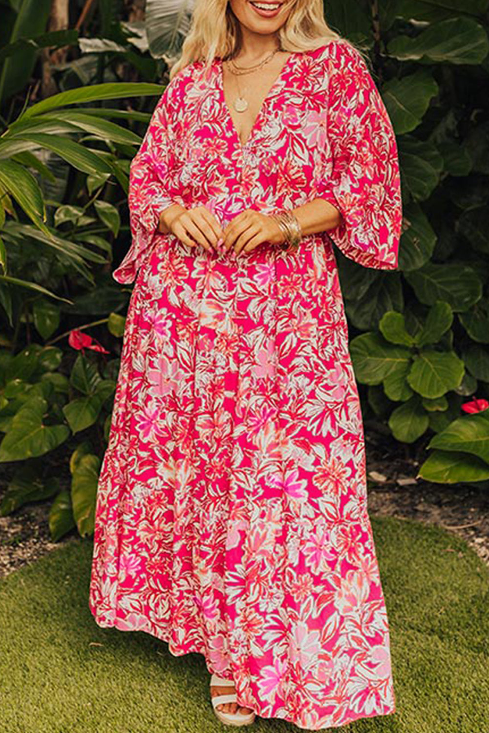 Blue Zone Planet | Rose Plus Size Floral V Neck Wide Sleeve Maxi Dress-TOPS / DRESSES-[Adult]-[Female]-2022 Online Blue Zone Planet