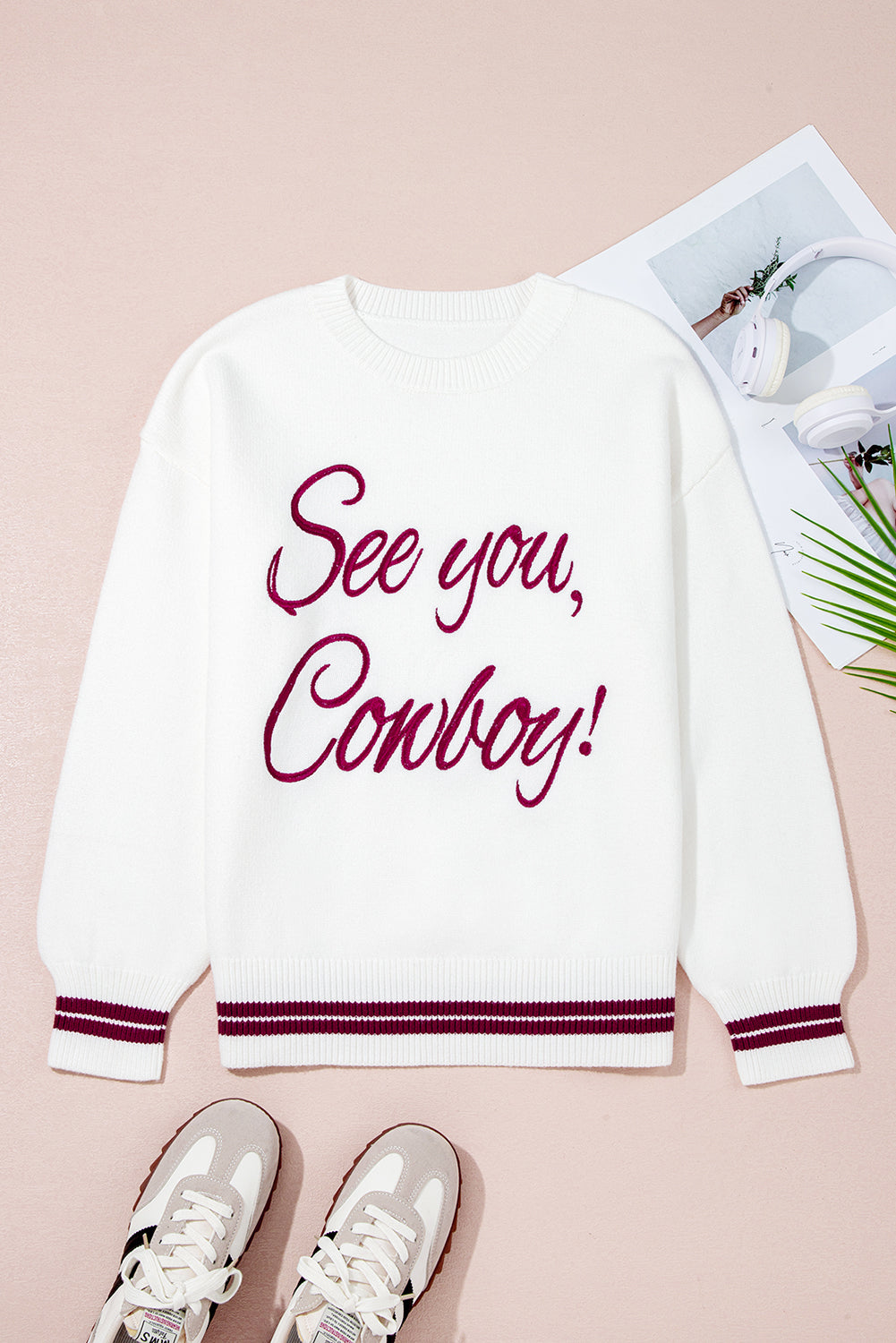 White See You Cowboy Embroidered Western Graphic Sweater-TOPS / DRESSES-[Adult]-[Female]-2022 Online Blue Zone Planet
