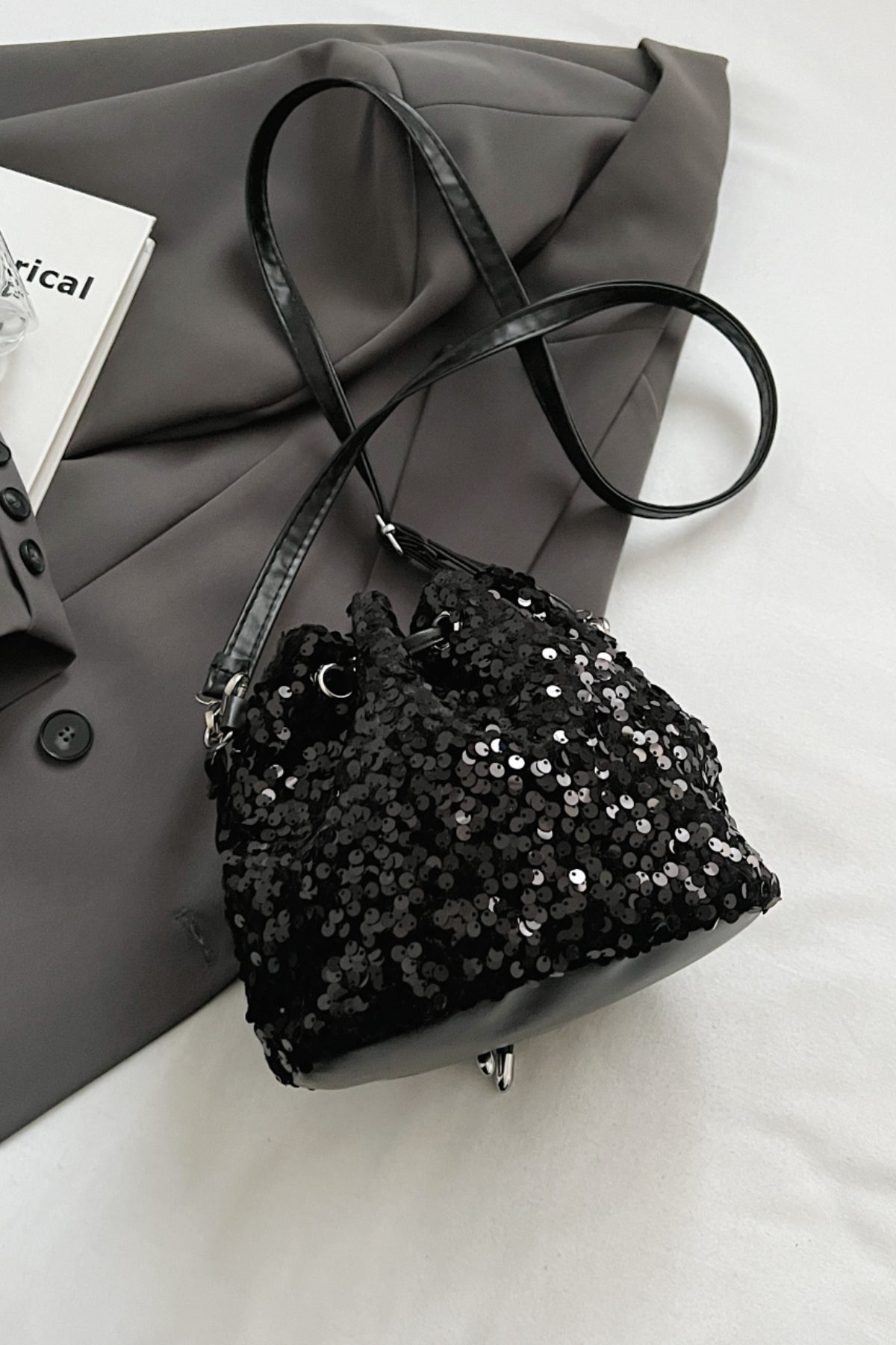 Sequin Drawstring Bucket Bag-HANDBAGS-[Adult]-[Female]-2022 Online Blue Zone Planet