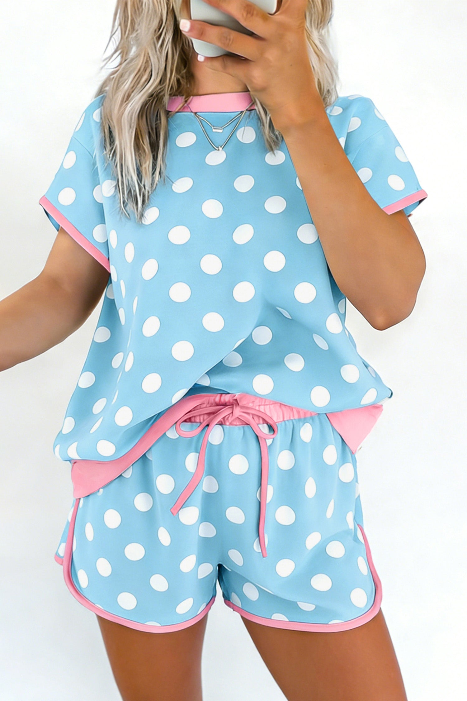 Pink Polka Dot Contrast Edge Casual Short Set-Two Piece Sets/Short Sets-[Adult]-[Female]-Sky Blue-S-2022 Online Blue Zone Planet