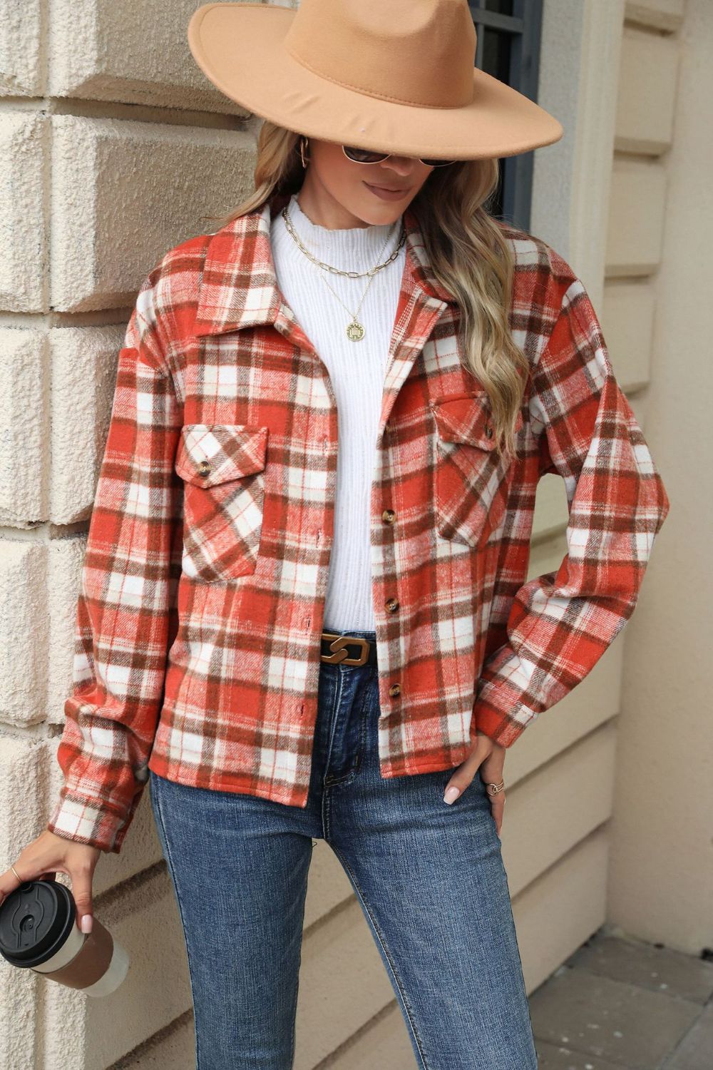 Pocketed Plaid Collared Neck Dropped Shoulder Jacket-TOPS / DRESSES-[Adult]-[Female]-Orange-S-2022 Online Blue Zone Planet