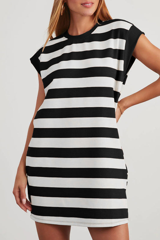 Black Stripe Cap Sleeve Shift T Shirt Dress-TOPS / DRESSES-[Adult]-[Female]-Black Stripe-S-2022 Online Blue Zone Planet