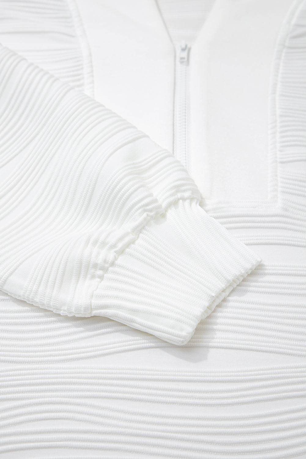 White Solid Color Textured Zip V Neck Pullover Sweatshirt-Tops/Sweatshirts & Hoodies-[Adult]-[Female]-2022 Online Blue Zone Planet