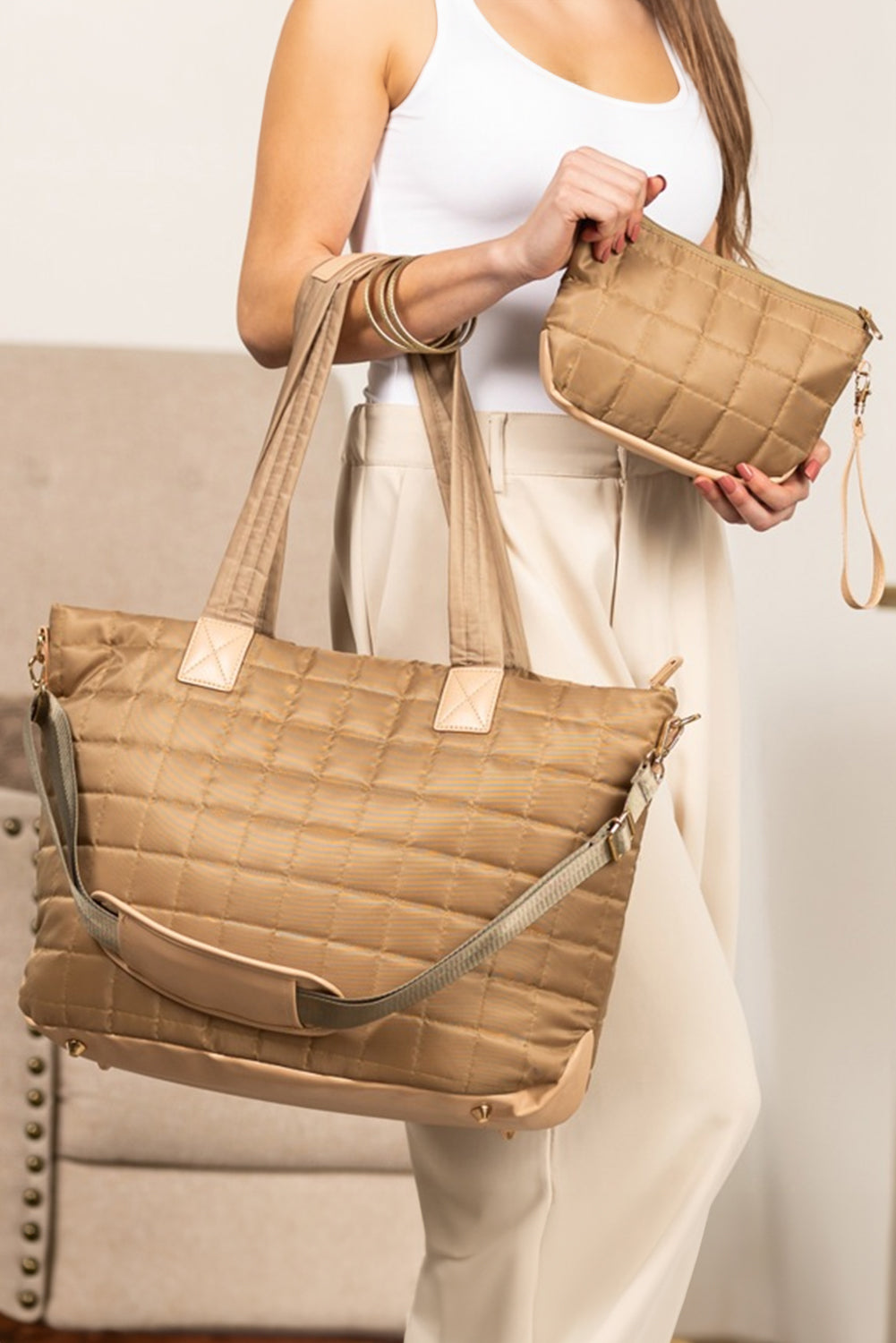 White Quilted Patchwork Large Tote Bag and Clutch 2pcs Set