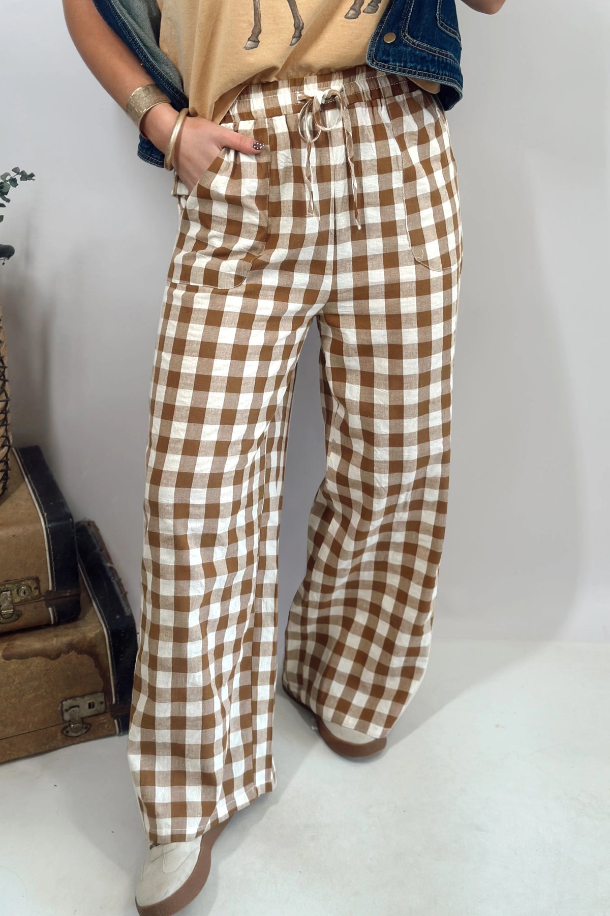 Brown Gingham Plaid Tie Elastic Waist Shift Pants-Bottoms/Pants & Culotte-[Adult]-[Female]-2022 Online Blue Zone Planet