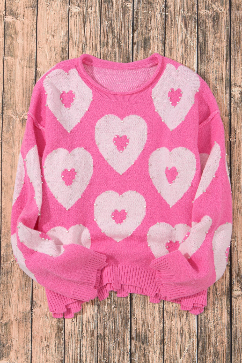 Bonbon Pearl Beaded Heart Drop Shoulder Sweater-TOPS / DRESSES-[Adult]-[Female]-2022 Online Blue Zone Planet