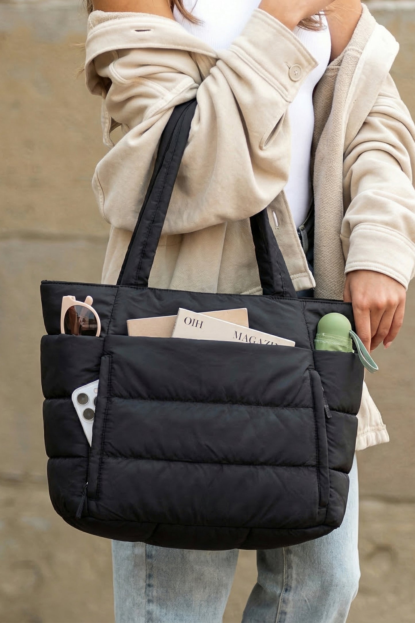 Color black Solid Color Puffy Quilted Large Tote Bag