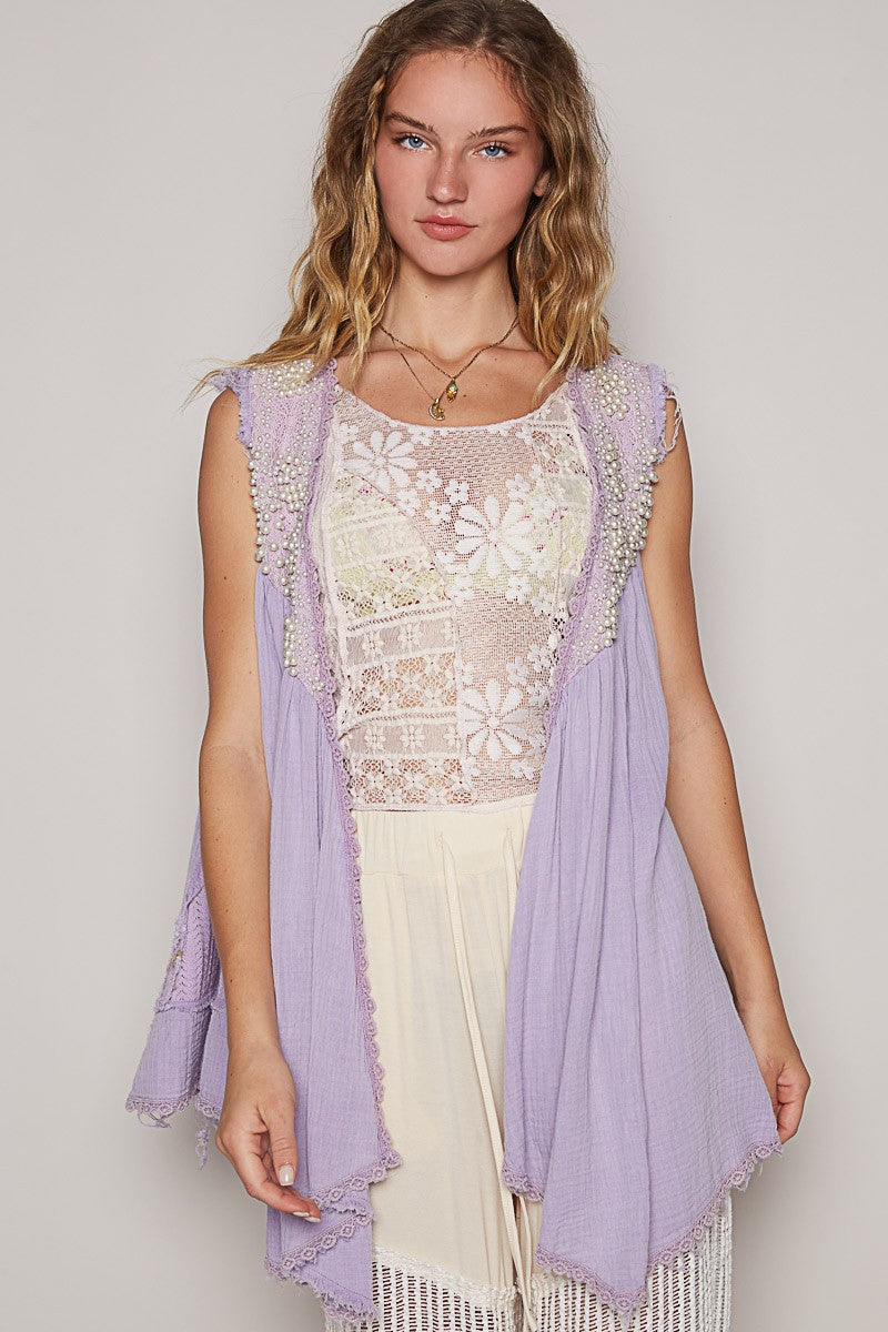 POL Embroidered Pearls Open Front Sleeveless Cardigan-TOPS / DRESSES-[Adult]-[Female]-2022 Online Blue Zone Planet