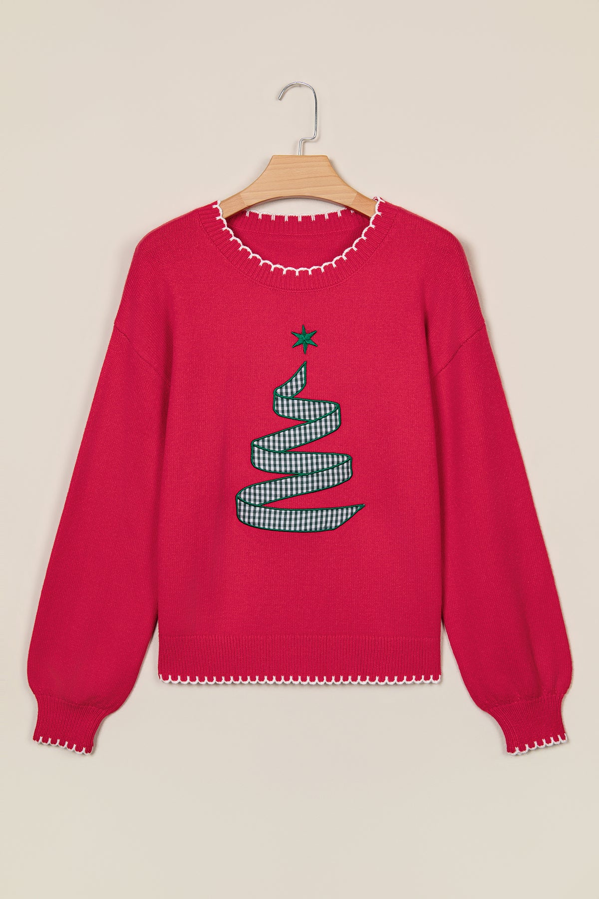 Racing Red Stitched Detail Christmas Tree Holiday Casual Sweater-TOPS / DRESSES-[Adult]-[Female]-2022 Online Blue Zone Planet