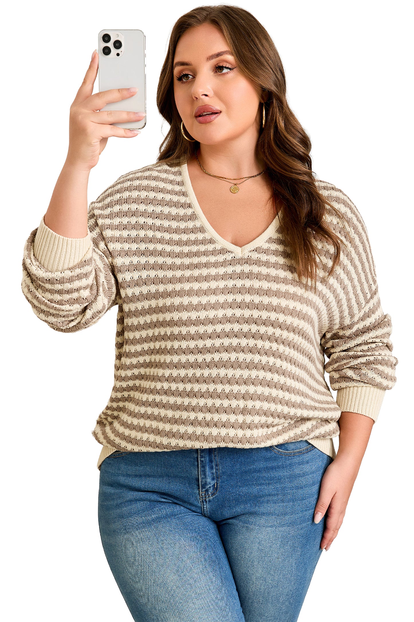 Khaki Stripe Plus Size V Neck Drop Shoulder Sweater-Plus Size/Plus Size Sweaters & Cardigans-[Adult]-[Female]-2022 Online Blue Zone Planet