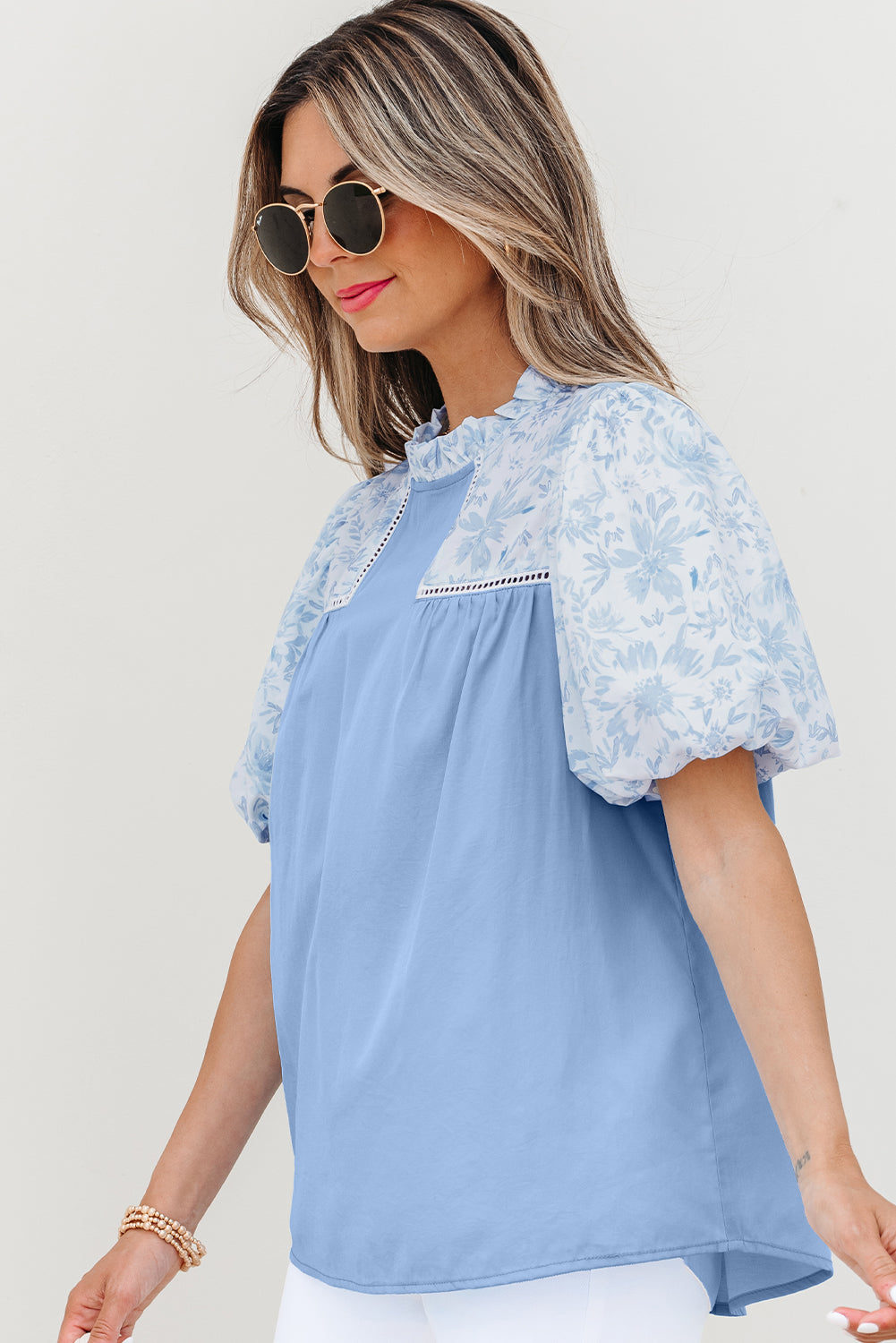 Beau Blue Lace Insert Floral Puff Sleeve Patchwork Loose Blouse-Tops/Blouses & Shirts-[Adult]-[Female]-2022 Online Blue Zone Planet