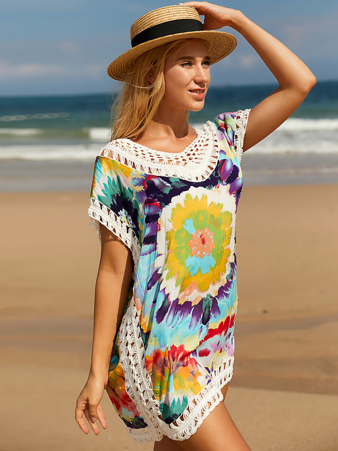 Openwork Printed Round Neck Cover Up-TOPS / DRESSES-[Adult]-[Female]-2022 Online Blue Zone Planet