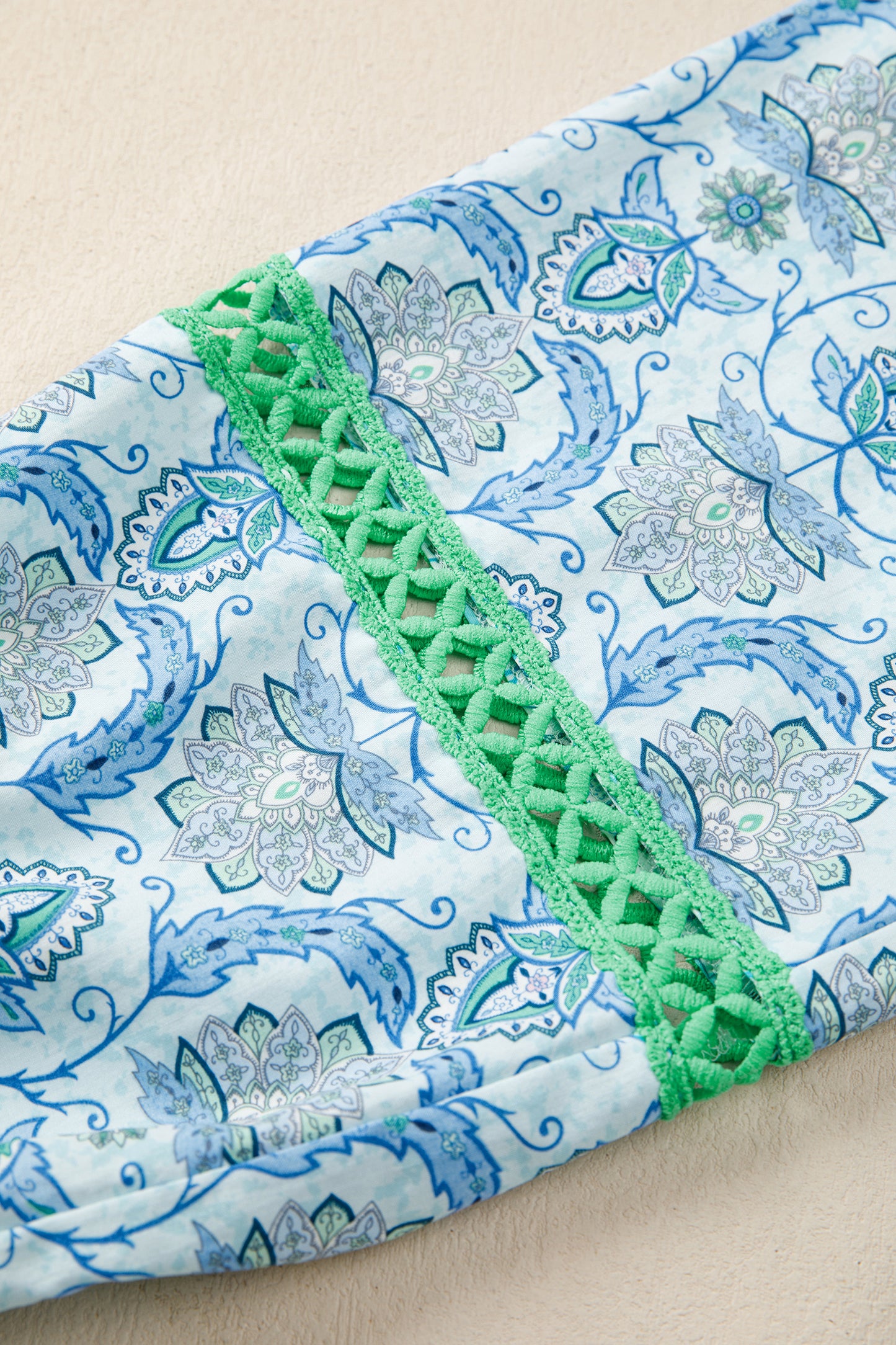 Sky Blue Boho Paisley Print Contrasted Patchwork Detail Bracelet Sleeve Loose Mini Dress