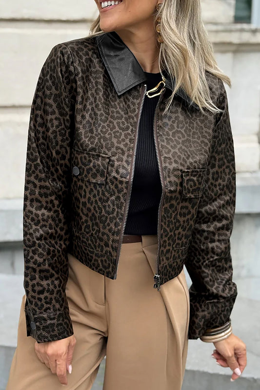 Multicolour Leopard Print Colorblock Collar Metal Placket Jacket-Outerwear/Jackets-[Adult]-[Female]-Multicolour-S-2022 Online Blue Zone Planet
