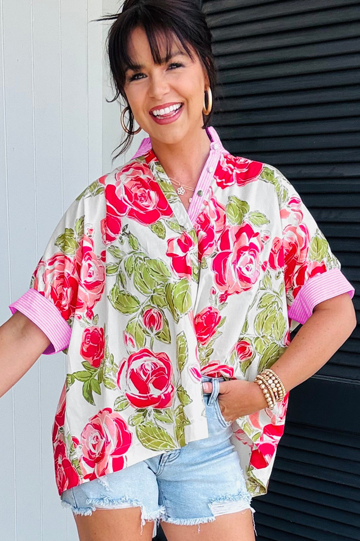 Pink Flower Print Striped Trim Frilled Collar Short Sleeve Shirt-Tops/Blouses & Shirts-[Adult]-[Female]-2022 Online Blue Zone Planet