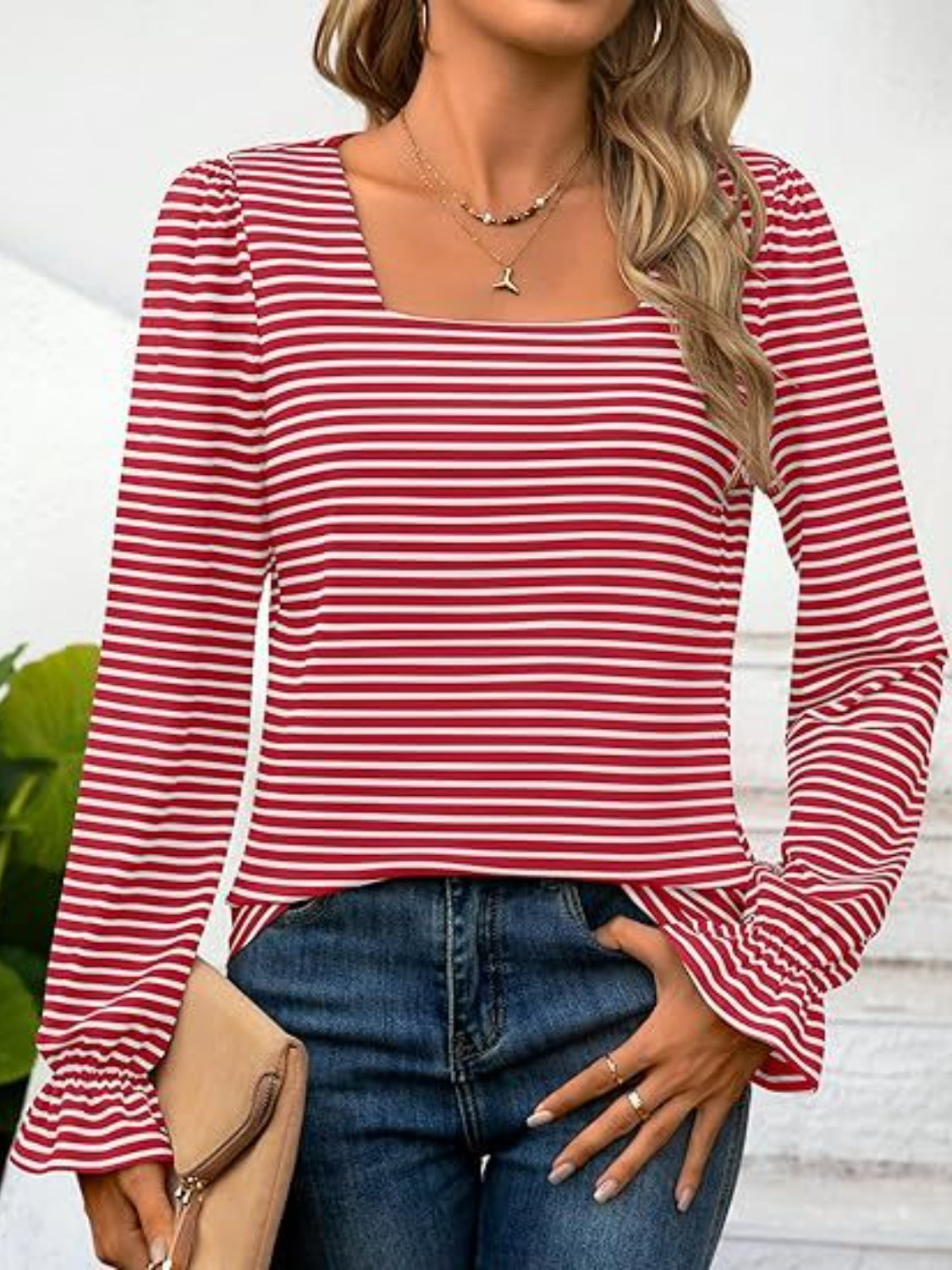 Striped Square Neck Flounce Sleeve Top-TOPS / DRESSES-[Adult]-[Female]-2022 Online Blue Zone Planet