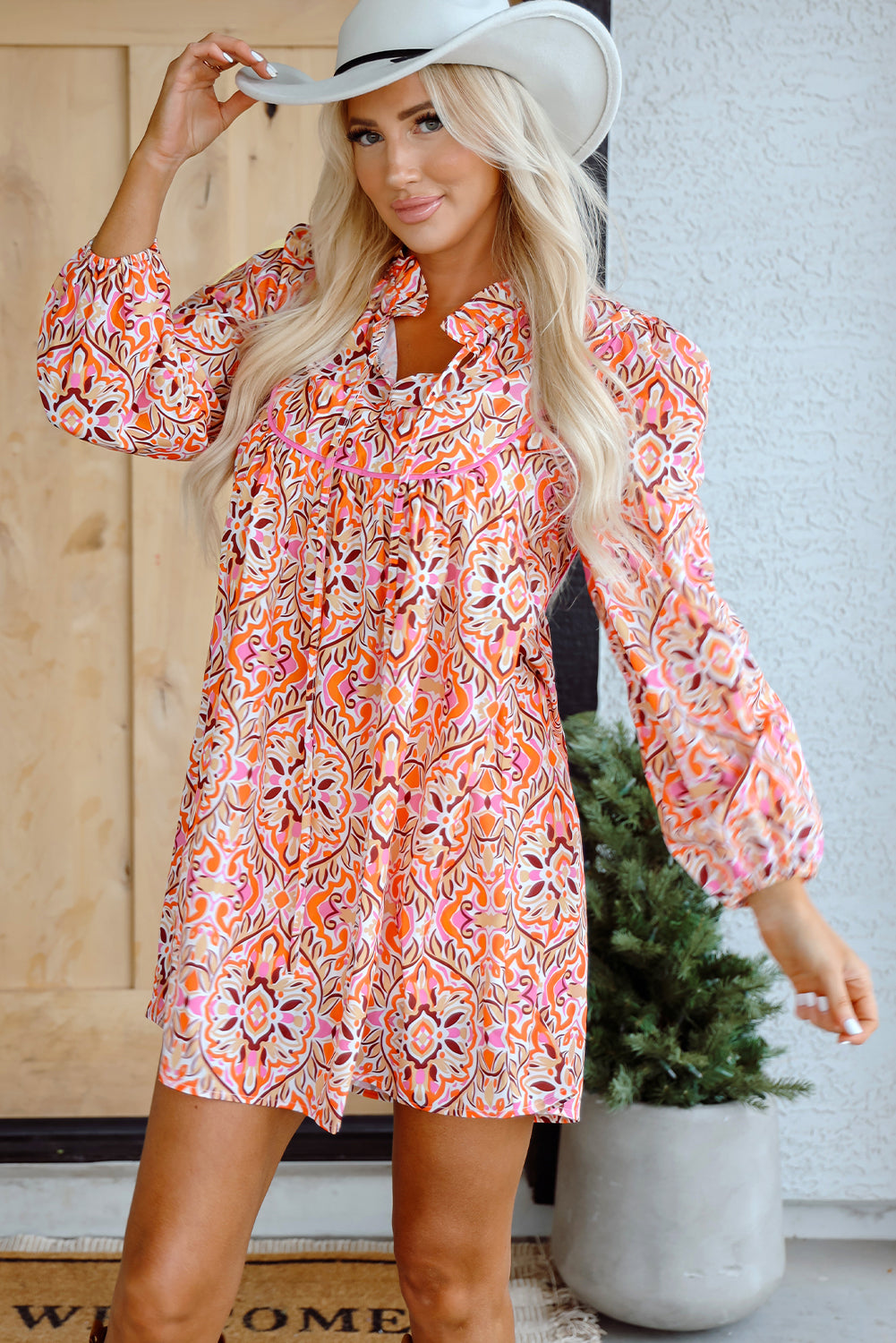 Khaki Abstract Printed Long Sleeve Tied Neckline Mini Dress-TOPS / DRESSES-[Adult]-[Female]-2022 Online Blue Zone Planet