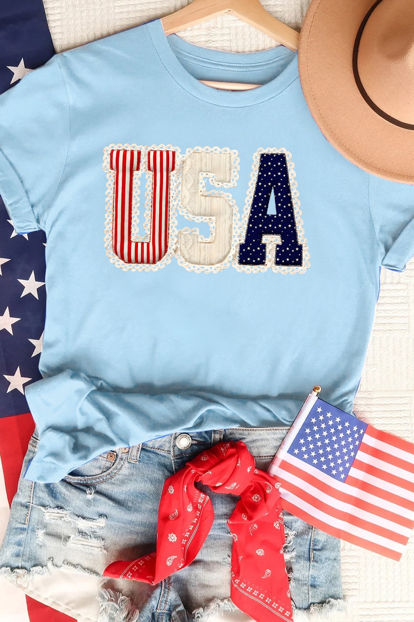 Light Blue Usa Patriotic Printed T Shirt-Graphic/Graphic Tees-[Adult]-[Female]-2022 Online Blue Zone Planet