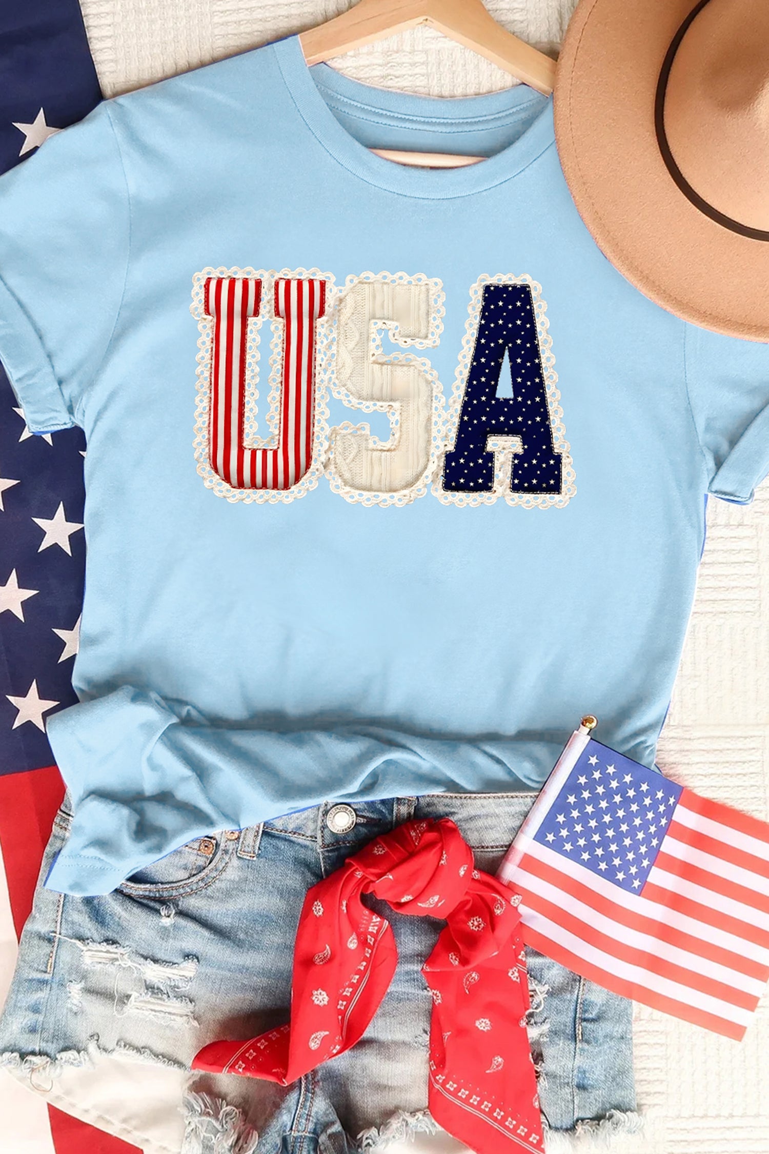 Light Blue Usa Patriotic Printed T Shirt-Graphic/Graphic Tees-[Adult]-[Female]-2022 Online Blue Zone Planet