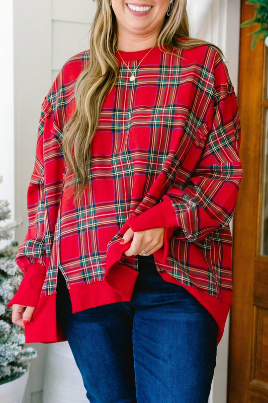 Red Plus Size Festive Plaid Long Sleeve Split Tunic Sweatshirt-Plus Size/Plus Size Sweatshirts & Hoodies-[Adult]-[Female]-Red-1X-2022 Online Blue Zone Planet