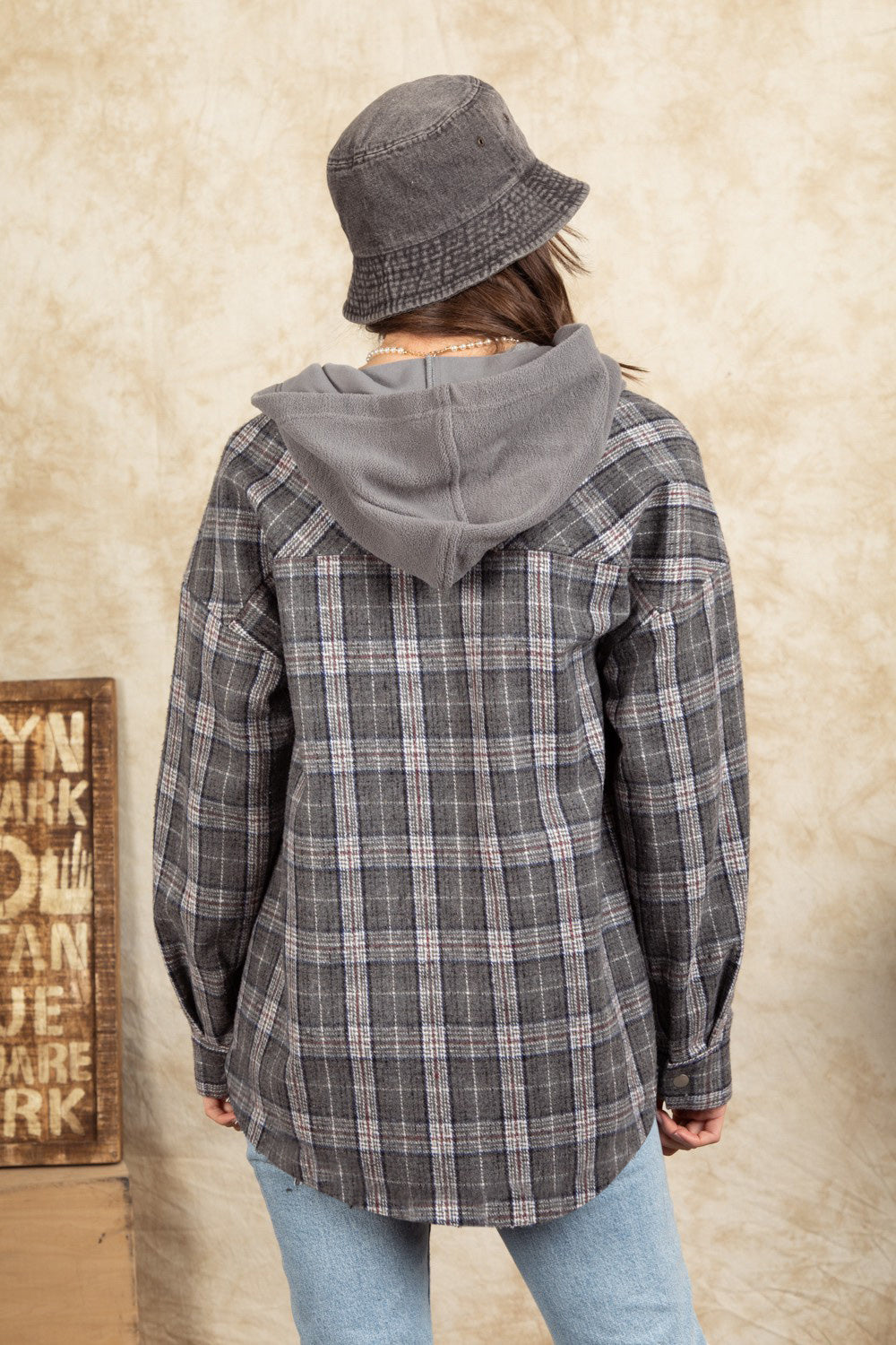 Drawstring Plaid Long Sleeve Hooded Jacket-TOPS / DRESSES-[Adult]-[Female]-2022 Online Blue Zone Planet