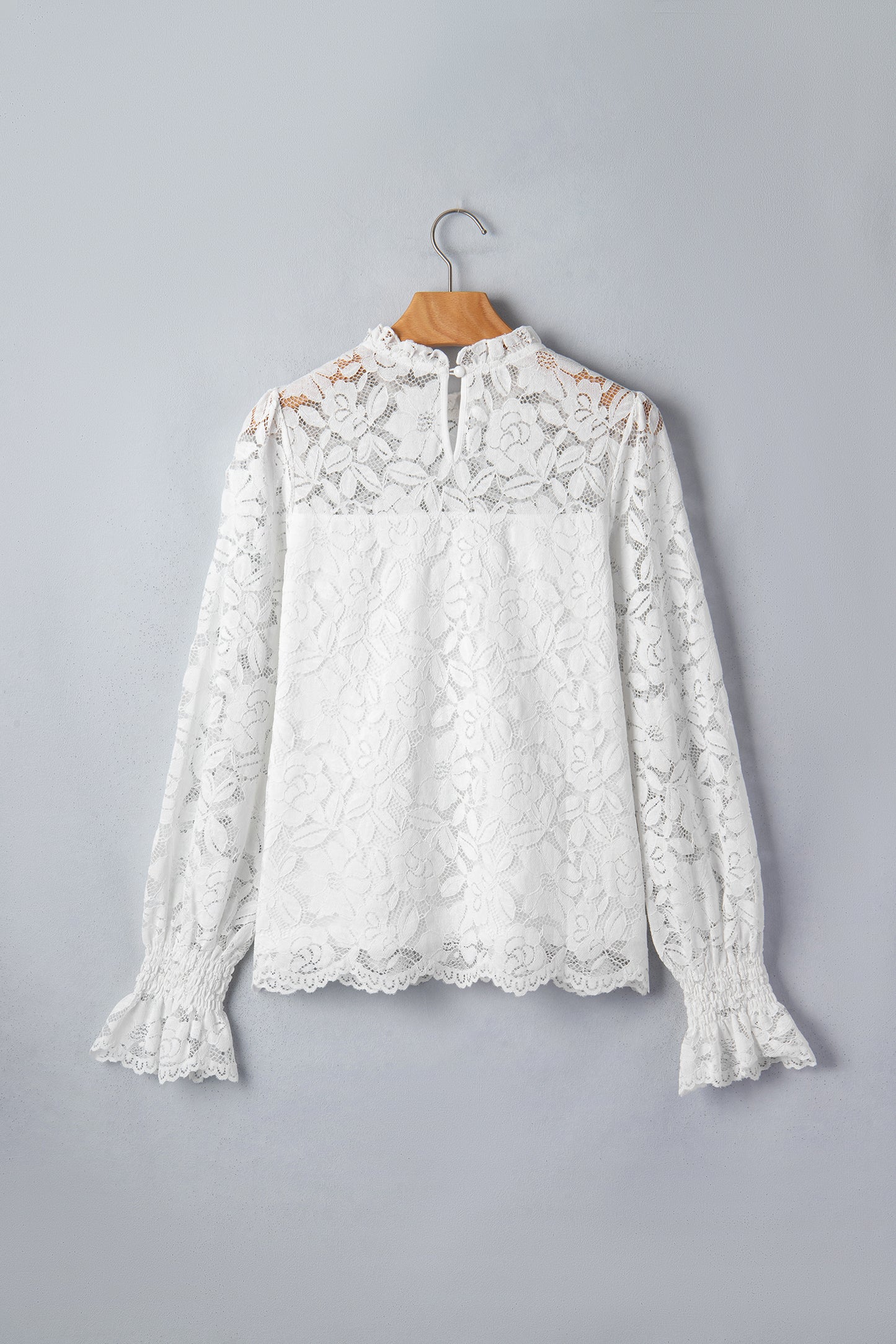 White Ruffled Round Neck Long Flounce Sleeve Sheer Lace Blouse-Tops/Blouses & Shirts-[Adult]-[Female]-2022 Online Blue Zone Planet