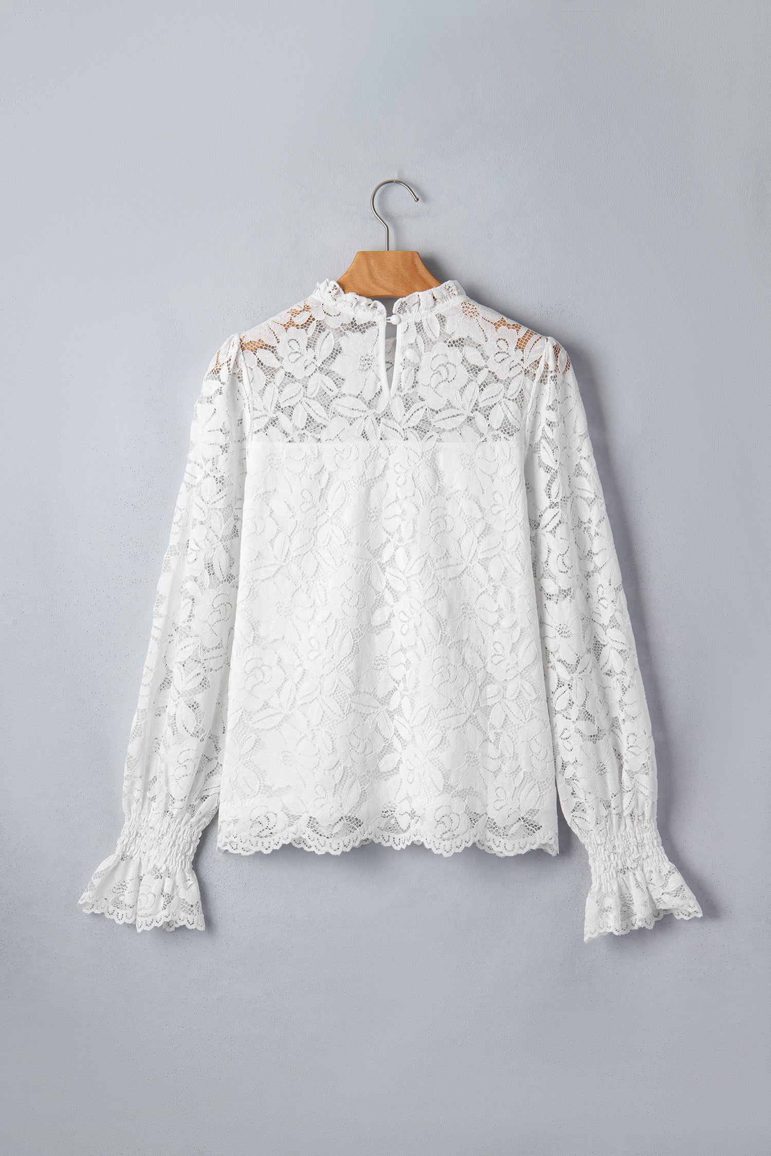White Ruffled Round Neck Long Flounce Sleeve Sheer Lace Blouse-Tops/Blouses & Shirts-[Adult]-[Female]-2022 Online Blue Zone Planet