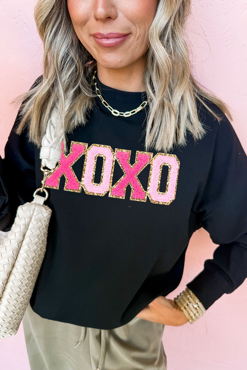 Black Chenille Xoxo Patched Drop Shoulder Valentines Pullover Sweatshirt-Graphic/Graphic Sweatshirts-[Adult]-[Female]-2022 Online Blue Zone Planet
