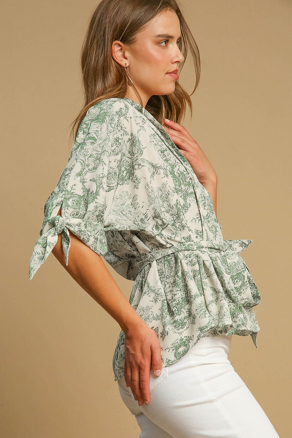 Green Landscape Print Tied 3/4 Sleeve Shirt with Sash-Tops/Blouses & Shirts-[Adult]-[Female]-2022 Online Blue Zone Planet