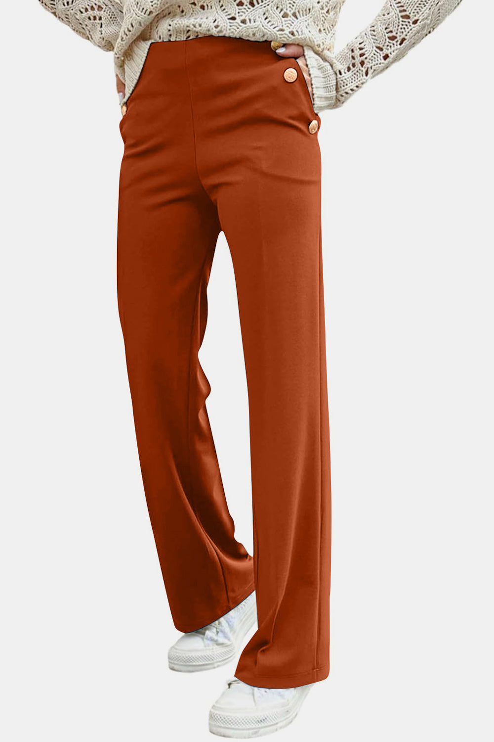 Decorative Button High Rise Pants-BOTTOMS SIZES SMALL MEDIUM LARGE-[Adult]-[Female]-Caramel-S-2022 Online Blue Zone Planet