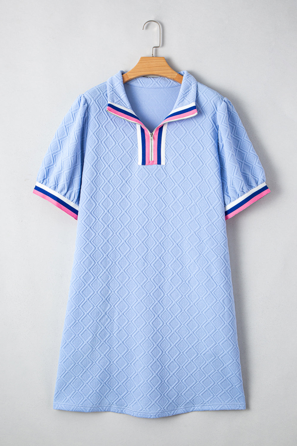 Beau Blue Contrast Striped Trim Zipped Stand Collar Textured Puff Sleeve Plus Size T Shirt Dress-TOPS / DRESSES-[Adult]-[Female]-2022 Online Blue Zone Planet