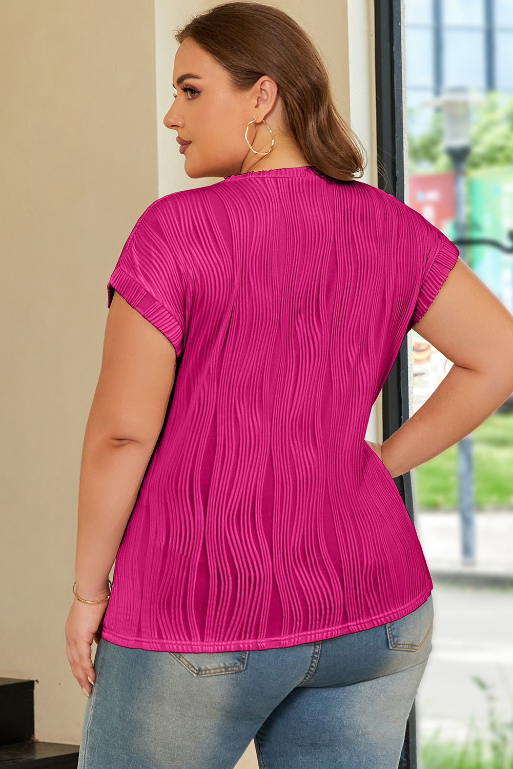 Rose Red Solid Color Wavy Textured Plus Size Tee-Plus Size/Plus Size Tops/Plus Size Tops & Tees-[Adult]-[Female]-2022 Online Blue Zone Planet