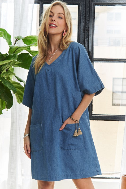 ADORA V-Neck Half Sleeve Mini Denim Dress-TOPS / DRESSES-[Adult]-[Female]-2022 Online Blue Zone Planet