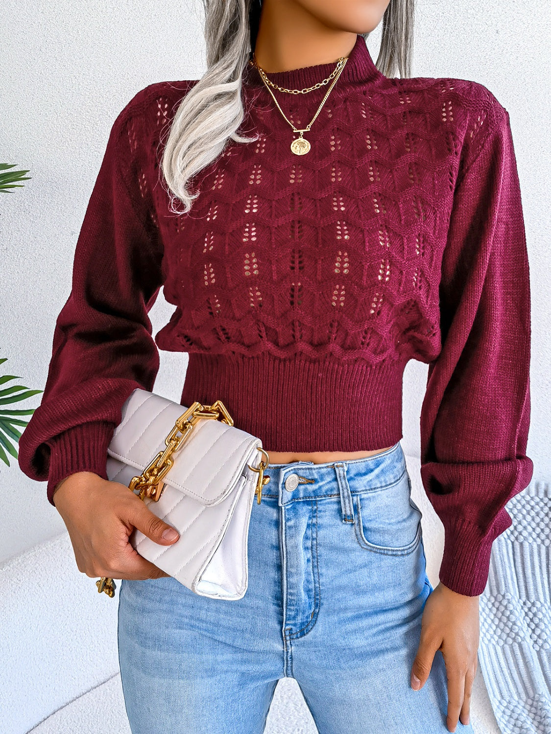 Blue Zone Planet | Openwork Mock Neck Long Sleeve Cropped Sweater-TOPS / DRESSES-[Adult]-[Female]-Burgundy-S-2022 Online Blue Zone Planet